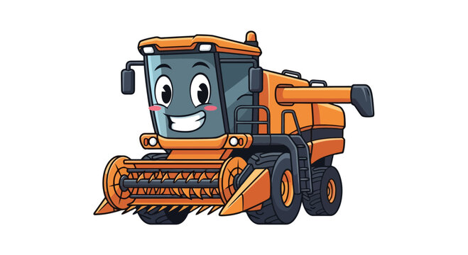 A cute cartoon illustration of an orange combine harvester with a smiling face and rosy cheeks.