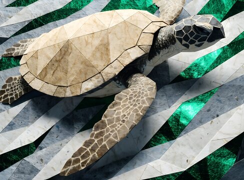 Low Poly Origami Sea Turtle Swimming Over Geometric Green Pattern