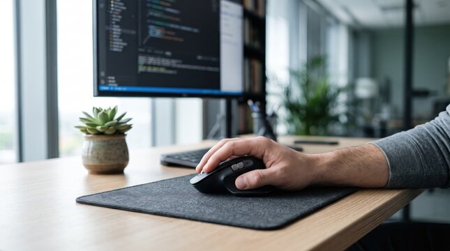 of male hand using computer mouse on desk with coding software on monitor, programmer working environment, web development, software engineering, IT specialist workspace