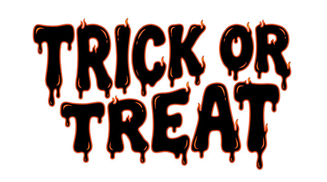 A spooky halloween trick or treat text design featuring black dripping letters with a glowing orange outline isolated on a clean white background