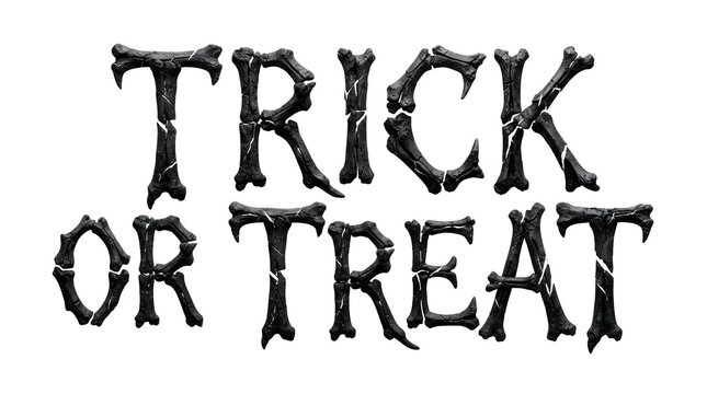 A spooky halloween trick or treat text design made from dark textured skeleton bones isolated on a plain white background for festive holiday projects