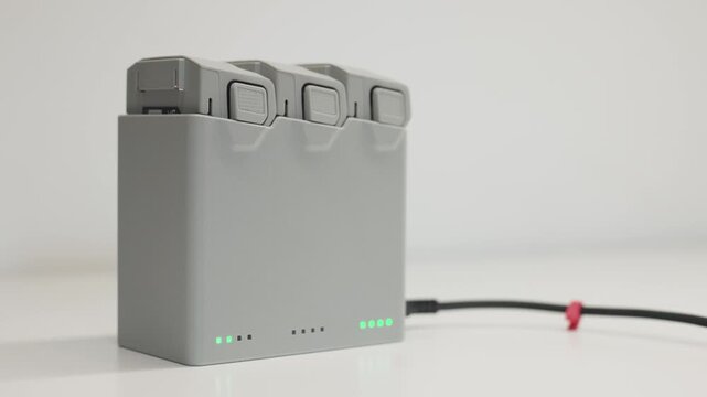 Drone battery charging station, power management and technology maintenance concept, portable lithium ion power bank for aerial photography equipment