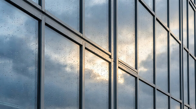 Modern Architectural Glass Facade Reflecting a Cloudy Sky at Sunset with Minimalist Metal Grid