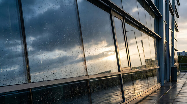 Modern Glass Architecture Facade with Sunset Sky Reflections and Window Rain Drops