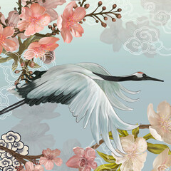 Fototapeta premium Japanese crane bird, sakura aesthetic illustration