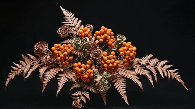 Herbstliches Gesteck mit getrockneten Farnwedeln und leuchtend orangen Beeren vor schwarzem Hintergrund.