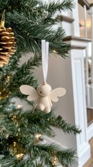 Fototapeta premium A charming wool angel ornament gracefully adorns a Christmas tree, radiating warmth and joy in soft natural lighting