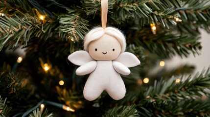 Fototapeta premium A charming wool angel ornament gracefully adorns a Christmas tree, radiating warmth and joy in soft natural lighting