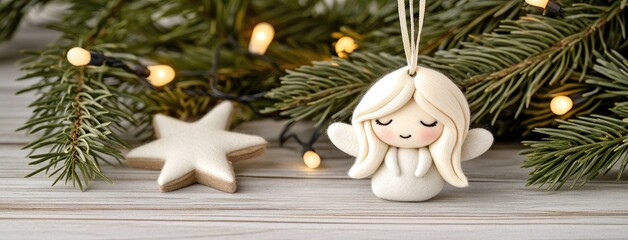 Fototapeta premium Charming white angel ornament adds a touch of elegance to a beautifully decorated Christmas tree with pastel colors and fairy lights