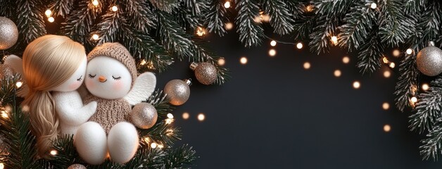 Fototapeta premium A snowman and an angel sit under a festive Christmas tree