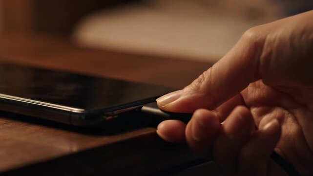 Close up view of a hand connecting a charging cable into a modern mobile smartphone device resting on a wooden table surface in dim lighting