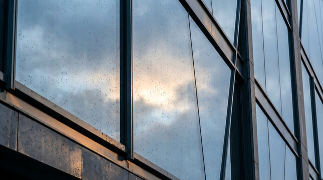 Modern Architecture Building Facade with Reflective Glass Panels under a Cloudy Sunset Sky
