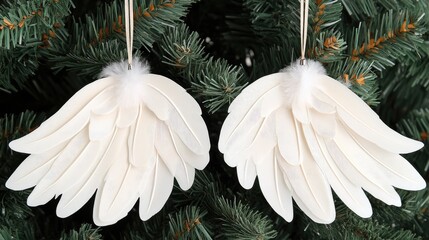 Fototapeta premium Delicate white angel wings gently suspended from an evergreen tree create a whimsical touch to the holiday atmosphere