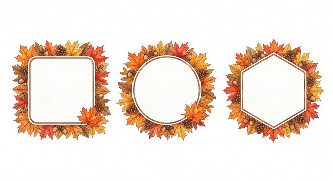 Set of three decorative geometric frames adorned with colorful autumn leaves for thanksgiving holiday greeting card design templates