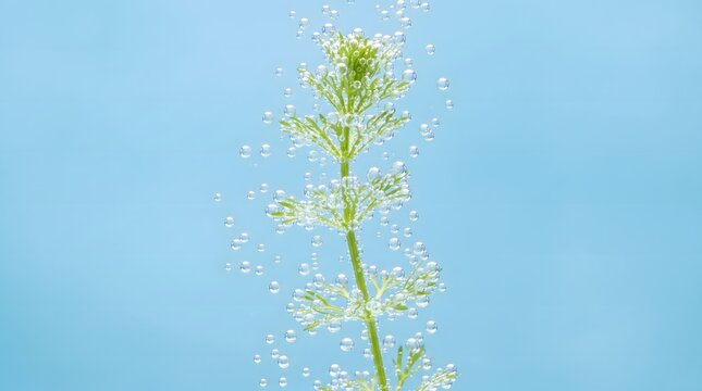 Fresh green aquatic plant stem covered in rising clear oxygen bubbles floating within pure water under bright studio lighting