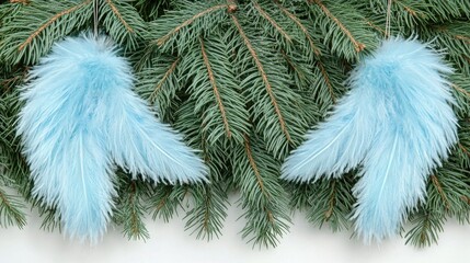 Fototapeta premium Delicate white feather angel wings gracefully dangling from a tree as a charming Christmas ornament adding magic to the holiday season