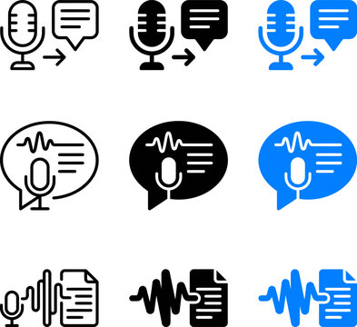 Set of microphone and speech bubble icons for audio transcription and dictation services