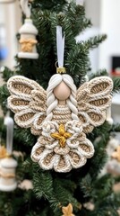 Fototapeta premium Elegant white and gold angel Christmas tree ornament enhances holiday spirit with simple design and serene charm