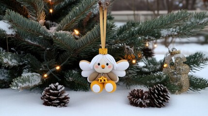 Fototapeta premium Elegant white and gold angel Christmas tree ornament enhances holiday spirit with simple design and serene charm