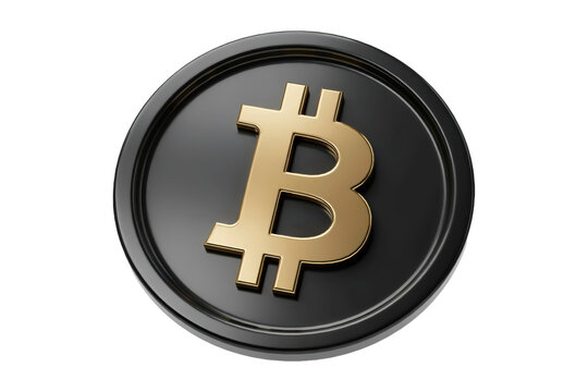 A shiny black coin featuring a raised metallic gold bitcoin currency symbol in the center isolated on a transparent background
