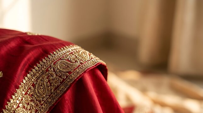 Close-up of an Elegant Red Indian Saree with Traditional Gold Zari Embroidery and Paisley Patterns