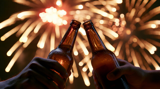 Two bottles of beer clink against the backdrop of a bright nighttime fireworks display &mdash; a celebratory toast and an evening celebration.