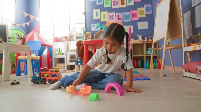 Girl stacking colorful toy arches on the floor of a building playroom, hands arranging rainbow pieces; quiet concentration.