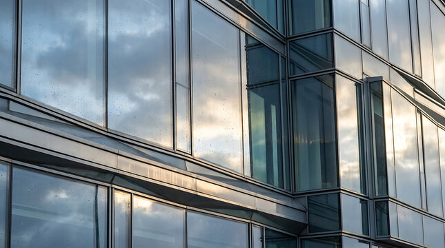Modern Glass Skyscraper Facade Featuring Reflective Windows Capturing Dramatic Evening Clouds and Golden Sunset Light