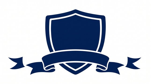 Navy blue shield crest with ribbon banner, heraldic emblem illustration, flat vector graphic isolated on white background, blank security or award template