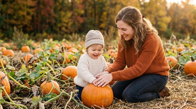 Smiling mother and young toddler explore a vast pumpkin patch during a bright golden afternoon in the warm autumn season