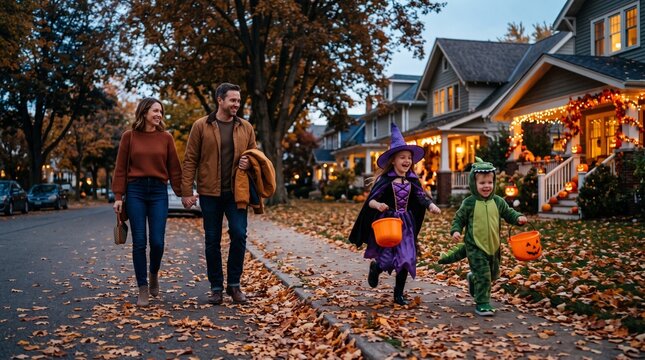 Happy family walking together on a suburban street while their cute children go trick or treating during golden autumn evenings