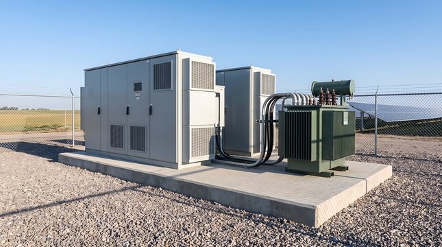 Electrical substation equipment with industrial transformers outdoors under clear sky