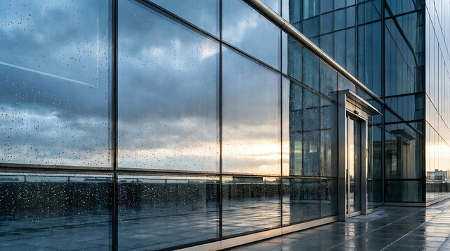 Modern Architectural Glass Facade Reflecting a Dramatic Cloudy Sky at Sunset in an Urban Environment