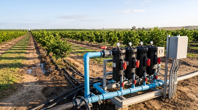 Automated irrigation filtration system in a vast green orchard during sunny day