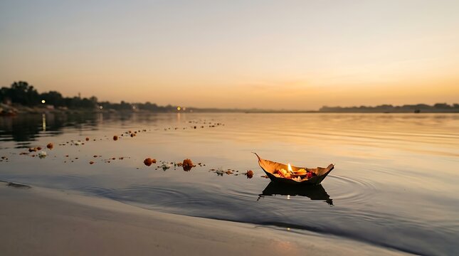 Floating Diya and Flower Offering on the Sacred River Ganges at Sunrise During Spiritual Morning Ritual