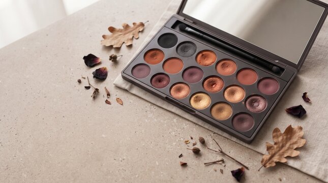 Autumn makeup palette with eyeshadows, dry leaves, and petals on a rustic surface, perfect for Halloween seasonal beauty themes