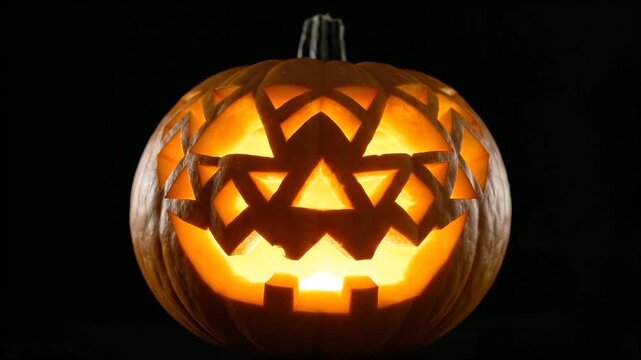 Gruselig geschnitzter Halloween K&uuml;rbis mit leuchtendem Licht vor einem dunklen Hintergrund.