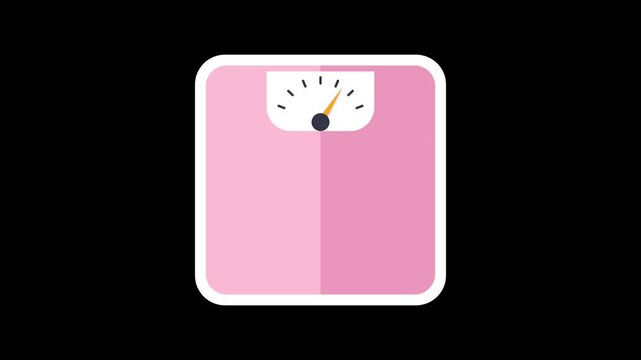 Smooth animation of a stylized pink weighing scale with its dial indicator moving, representing progress in health, fitness, or diet goals against a clean black background.