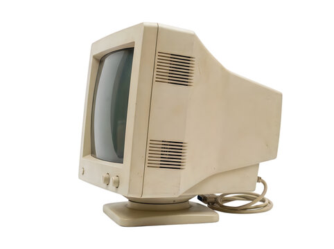 Old vintage computer monitor with a beige plastic case from the nineties isolated on transparent background
