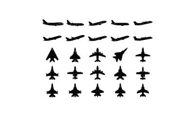 Fototapeta premium Set of Aircraft Icons Featuring Commercial Airliners and Military Fighter Jets in Top Down and Profile Views