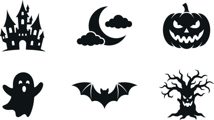 Fototapeta premium Halloween icons set with spooky castle, ghost, bat, cat, pumpkin and tree vector illustration