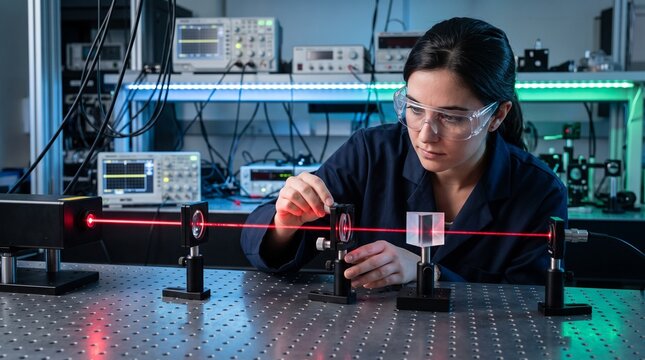 Female physics student in safety glasses aligning red laser beam through optical lens on table, highlighting optics experiment, laser physics research, and photonics lab