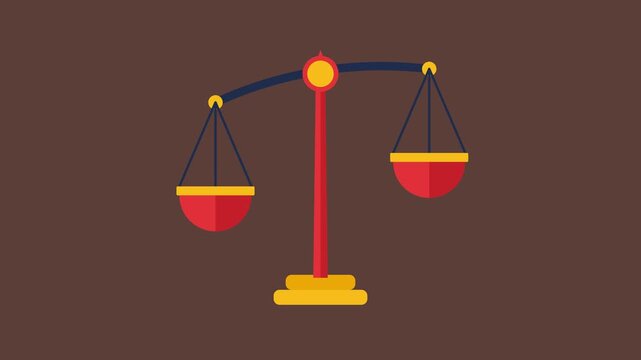 Flat design animation featuring a classic two-pan balance scale fluctuating, then settling, symbolizing concepts like justice, equilibrium, and careful decision-making.