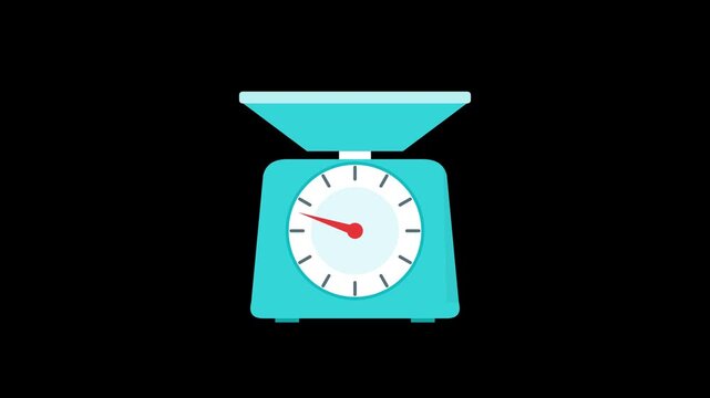 A light blue kitchen scale animated in flat design style, showing its red needle moving to indicate weight measurement on a minimalist black background.