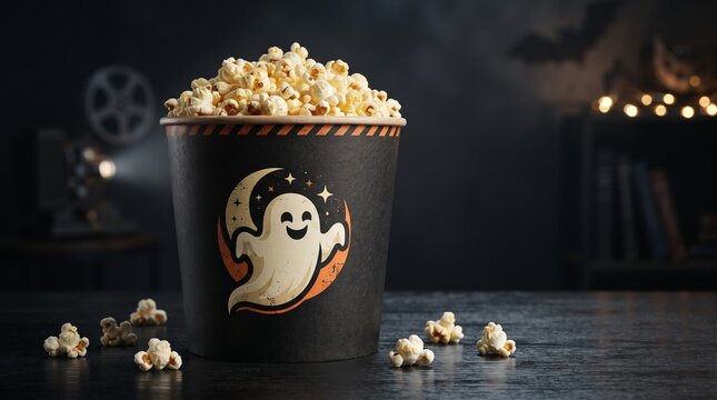 A festive black Halloween popcorn bucket filled with fluffy snack on a dark wooden table with spooky background movie theater setup