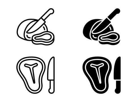 Steak and butchery knife icons in outline and solid black vector graphics