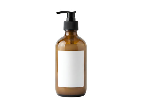 Amber glass bottle with pump dispenser for soap or lotion with blank label for branding isolated on transparent background