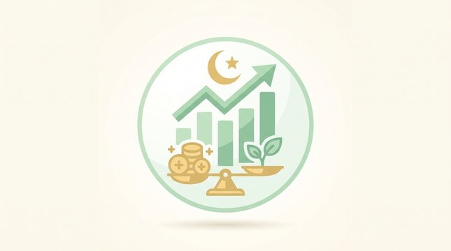 Sharia Investment Icon with Growing Coins Financial Chart and Ethical Halal Wealth Management on Pastel Background