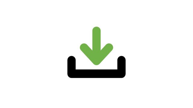 Dynamic animation of a vibrant green download arrow icon gracefully descending into a minimalist tray, symbolizing file saving, data transfer, or digital content retrieval on a clean white background.