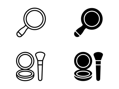 Set of makeup mirror and cosmetic face powder brush icons vector